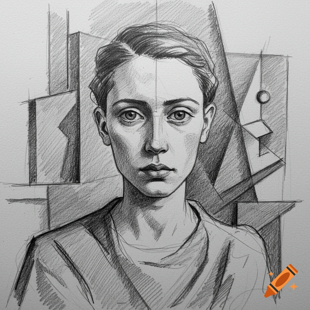 Pencil drawing of a person's face with cubist-style geometric background elements.