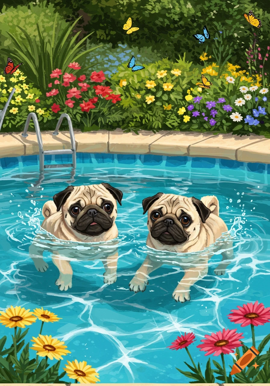 Two cute pugs swim in a clear blue pool, surrounded by colorful flowers and butterflies, in a charming illustration style.