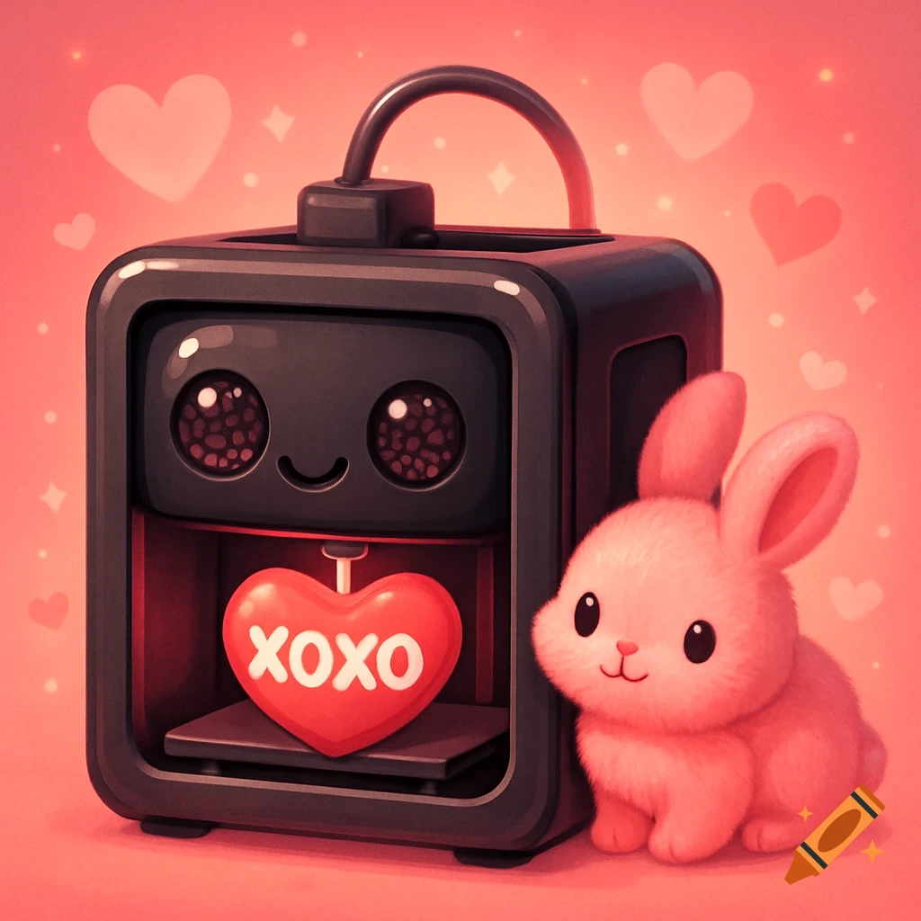 A cute 3D printer with big eyes prints a red heart with "XOXO", beside a fluffy pink bunny, on a pink background with hearts.