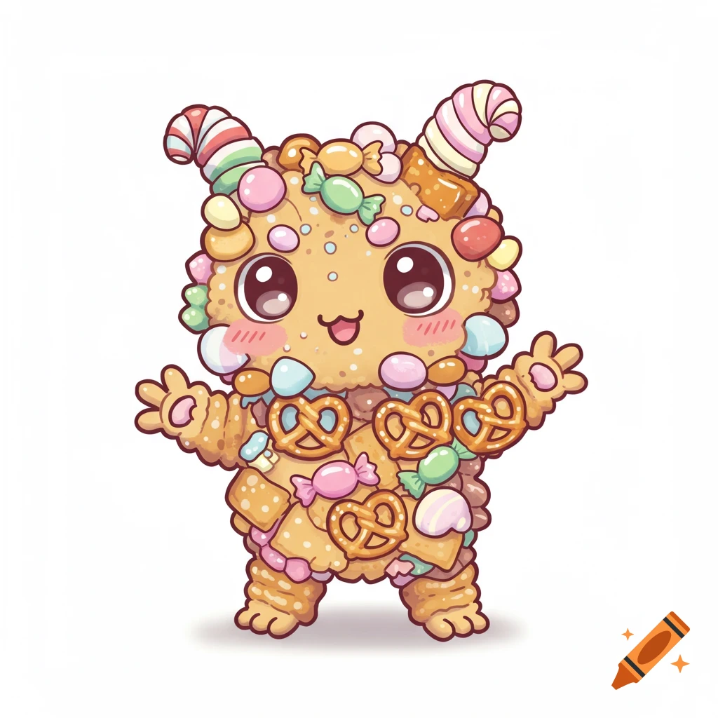 A cute, monster-like creature made of candies and snacks, with big eyes and a happy expression, against a white background in a detailed cartoon style.