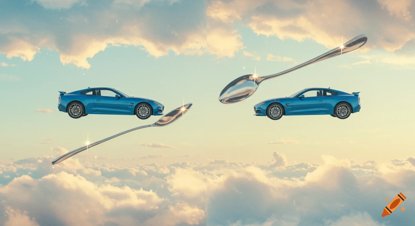 Two blue sports cars and two large silver spoons float among fluffy clouds in a bright blue and orange sky, with a dreamlike quality.
