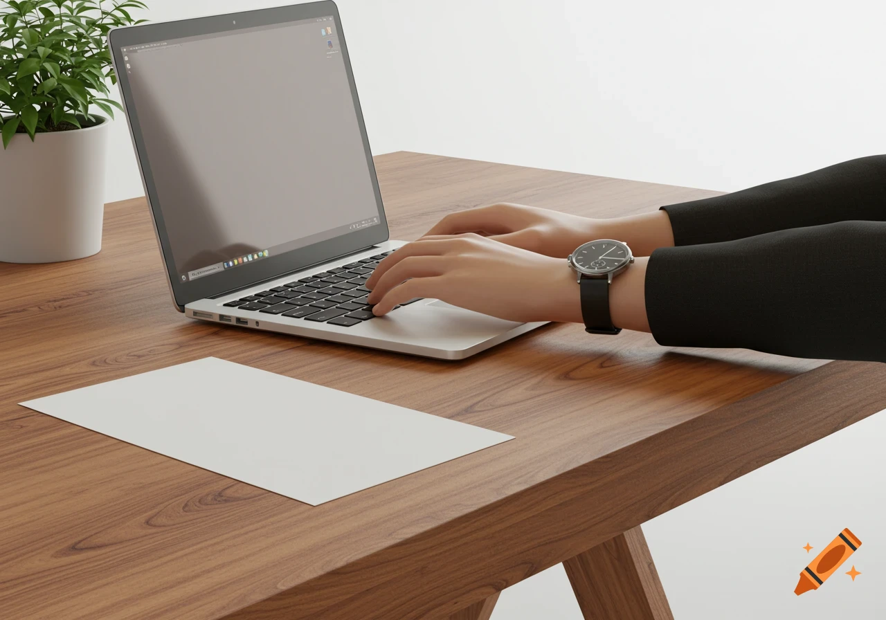 A person's hands type on a silver laptop on a wooden desk, next to a small green plant and a white paper. A black watch is on the right wrist.
