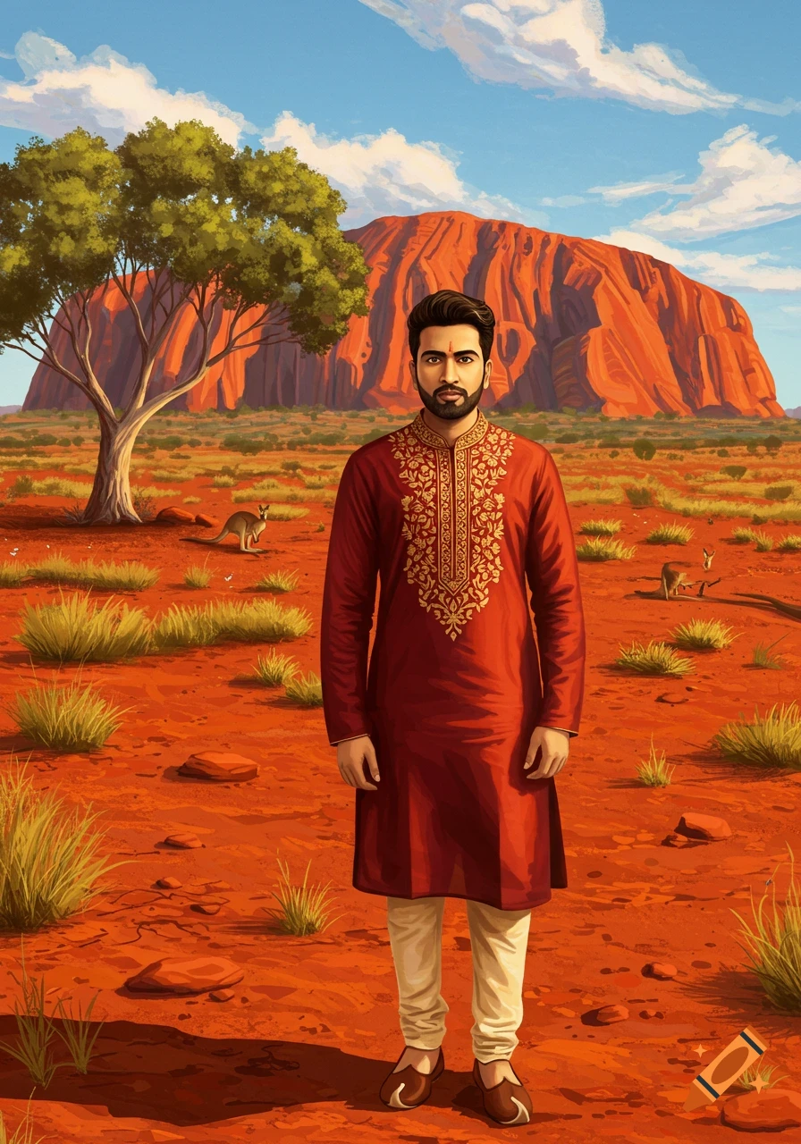 An Indian man in a red kurta stands in an Australian desert landscape with Uluru and kangaroos under a blue sky, illustrated.