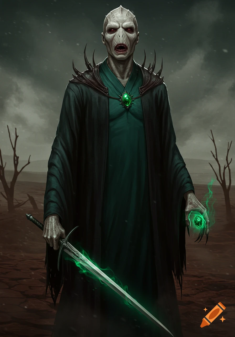 A pale, noseless Voldemort-like villain in dark robes holds a glowing green sword and orb in a dark, barren desert.