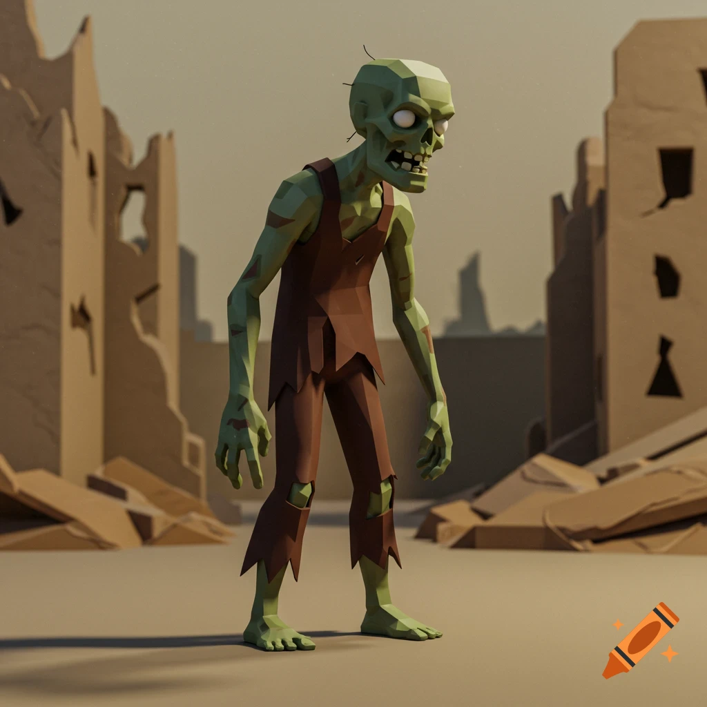 A green low poly zombie with torn brown clothes stands in a desolate landscape with ruined buildings under an overcast sky.