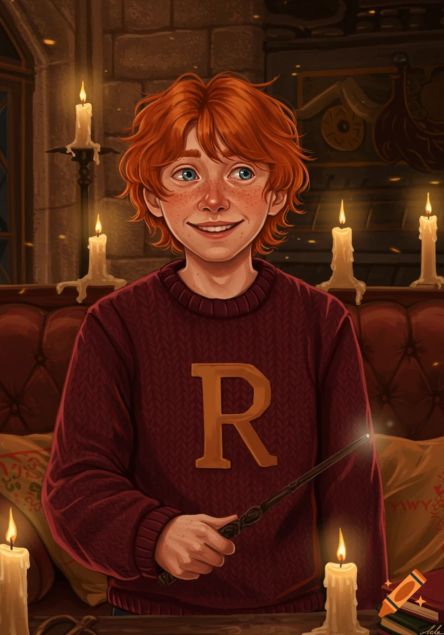 A smiling, red-haired Ron Weasley with freckles, wearing an 'R' sweater, holds a wand in a cozy, candlelit room.