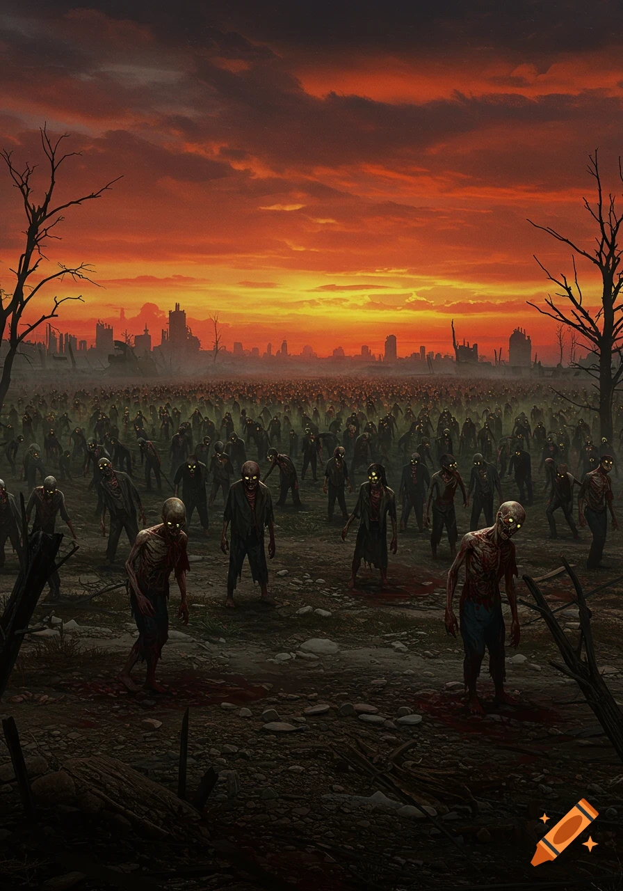 A vast horde of glowing-eyed zombies shambles across a desolate landscape towards a ruined city under a fiery orange and red sunset.