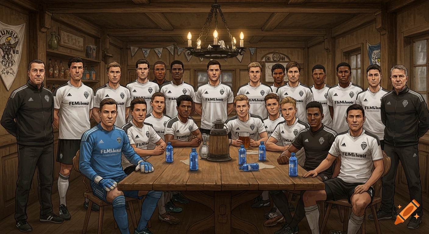 An illustration of a diverse soccer team and coaches gathered around a large wooden table in a rustic, wood-paneled pub, with water bottles on the table.