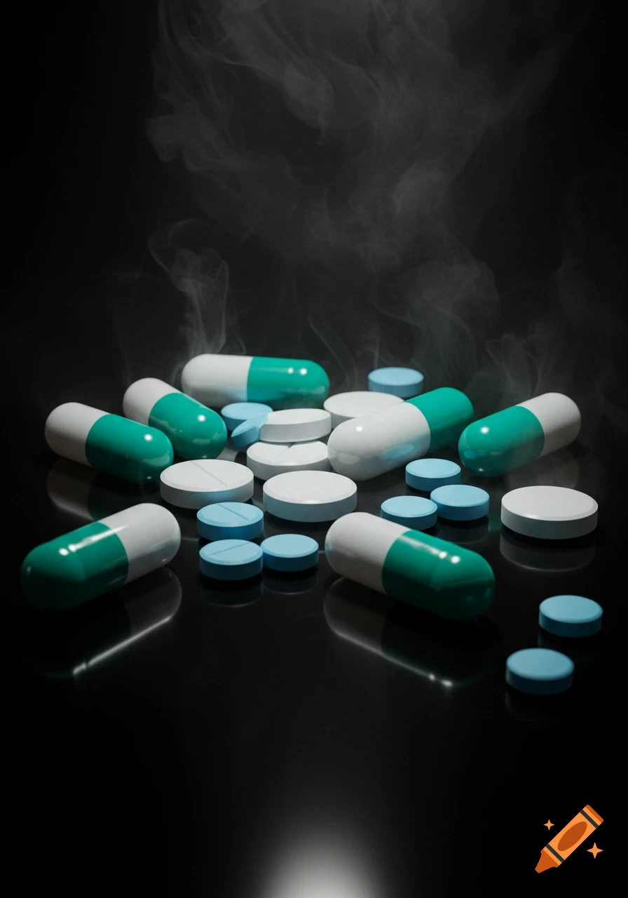 Photorealistic image of green, white, and blue medication pills and capsules on a reflective black surface with smoke.