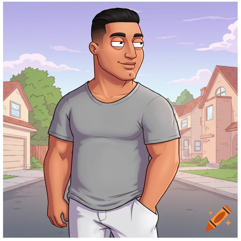 A cartoon man in Family Guy style, with a low taper fade, wearing a gray shirt and white pants, standing on a street in a suburban neighborhood.