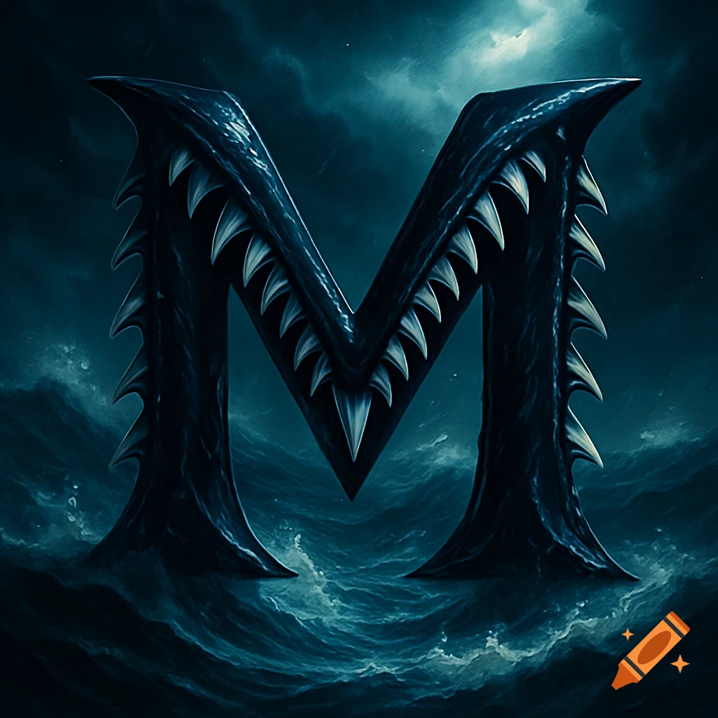 A dark, stylized letter M with sharp shark teeth along its edges, emerging from a stormy dark blue ocean under a cloudy, dramatic sky.