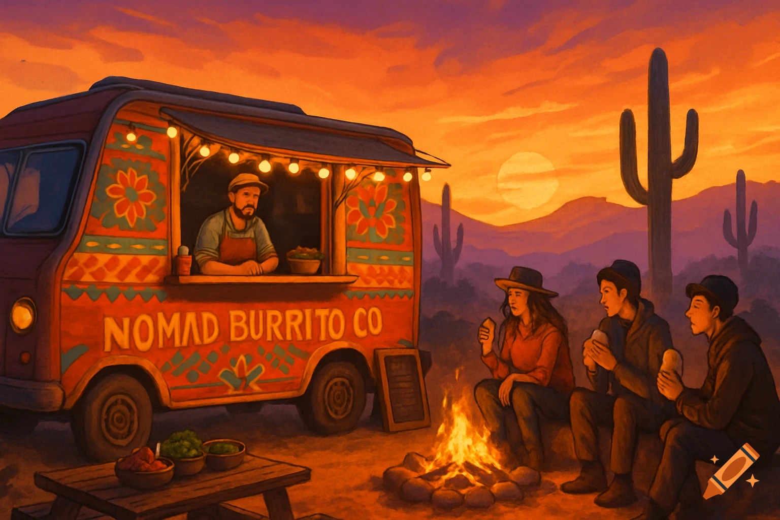 Painted scene of a 'Nomad Burrito Co' food truck and people eating around a campfire in a desert at sunset.