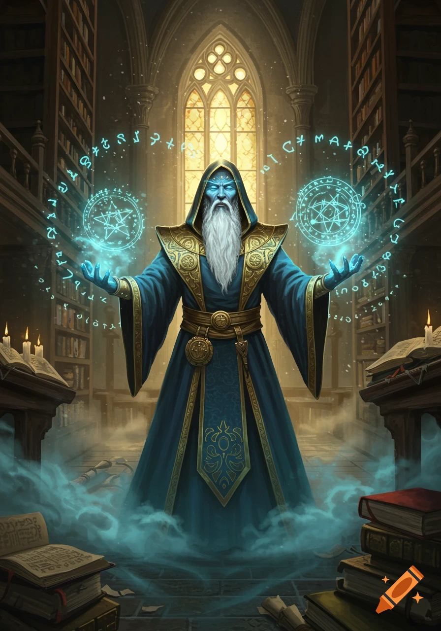 A powerful wizard in a blue and gold robe casts a spell with glowing symbols in a grand, candlelit library.