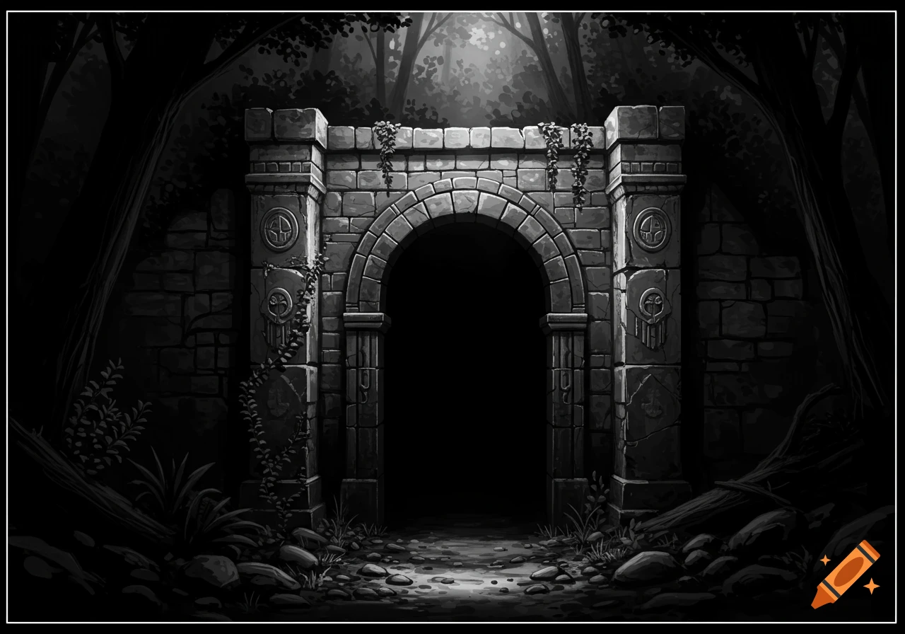 A dark, black and white illustration of a stone dungeon archway overgrown with vines, leading into a black void, surrounded by a shadowy forest.