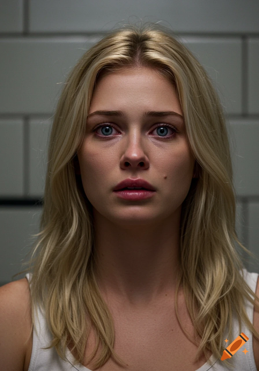 Photorealistic portrait of a young blonde woman with a horrified expression, looking directly at the viewer against a tiled background.