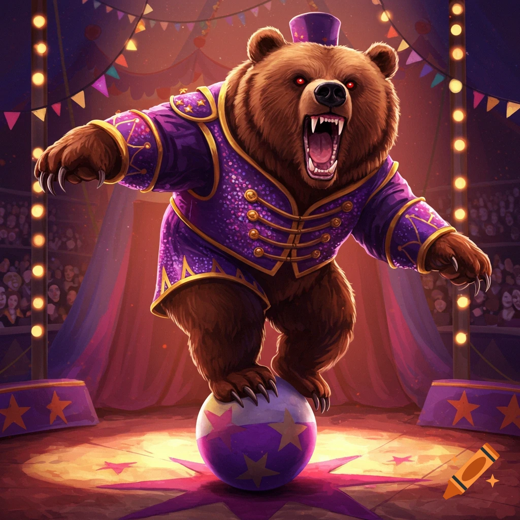 A stylized illustration of a fierce brown bear with red eyes and sharp teeth, wearing a purple and gold circus costume, balancing on a starred ball in a circus tent.