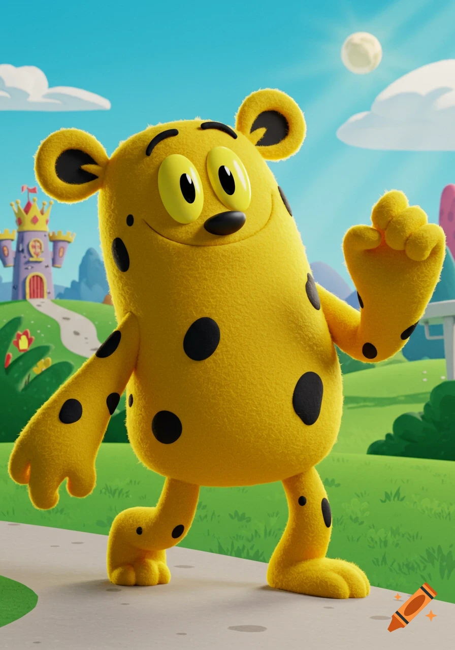 A yellow, spotted cartoon character (The Cheat) walks on a path in a bright, colorful 3D animated landscape with a castle and green hills.
