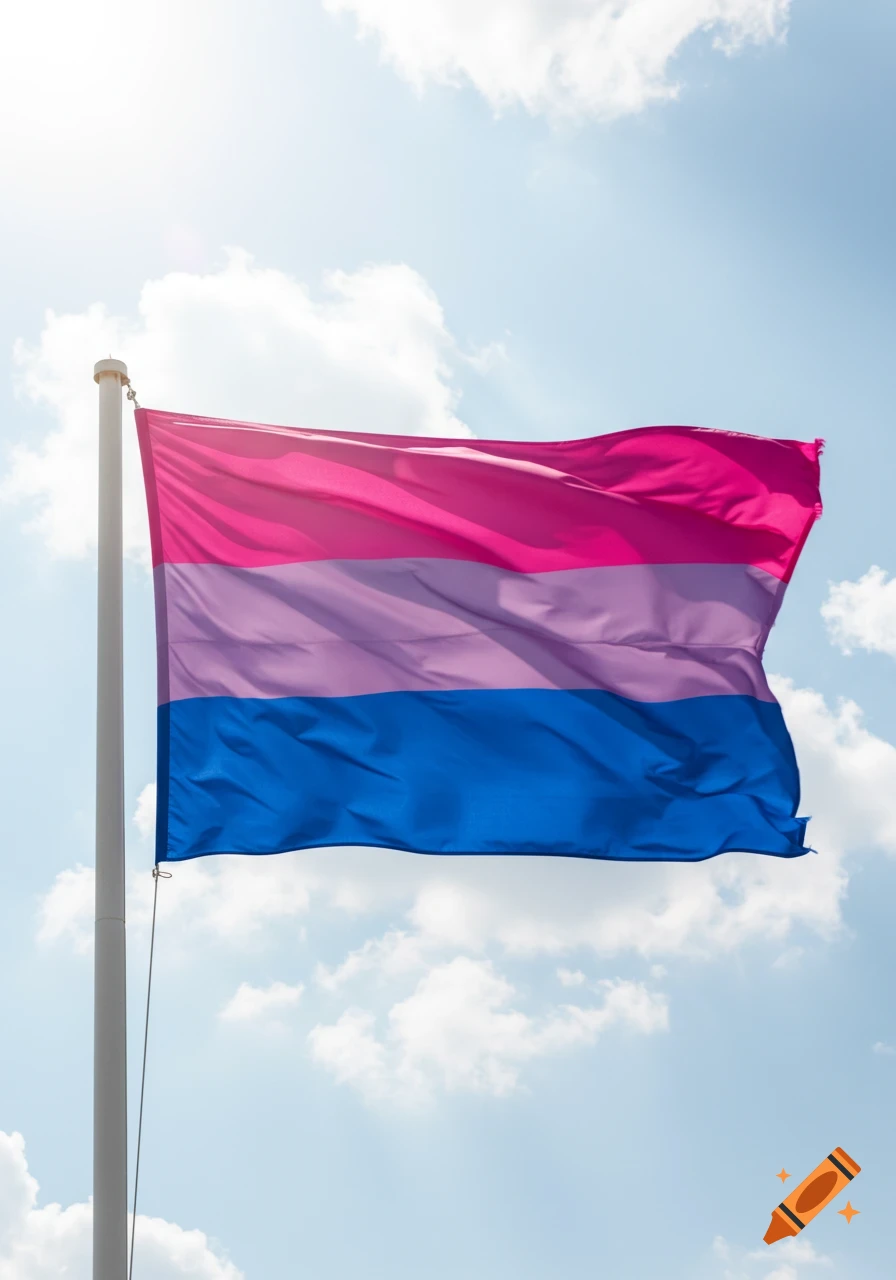 A bisexual pride flag with pink, purple, and blue stripes waves against a bright blue sky with white clouds.