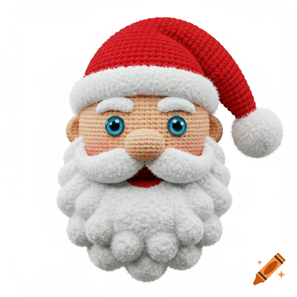 A crocheted Santa Claus head with a red knitted hat, white beard, white mustache, and blue eyes, against a white background.
