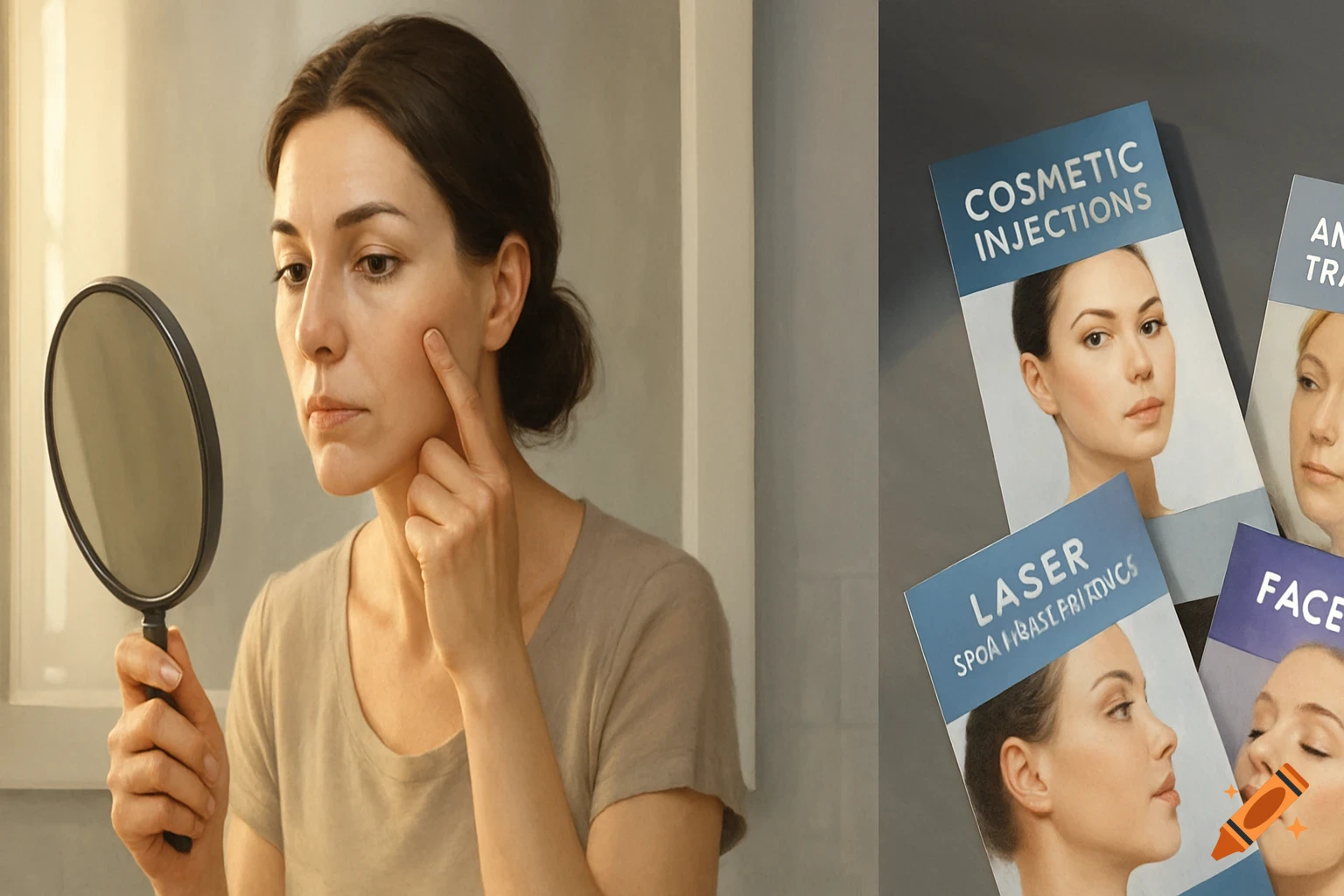 A woman looks at her cheek in a handheld mirror, considering skincare options. Brochures for cosmetic injections and laser treatments are visible on the right.