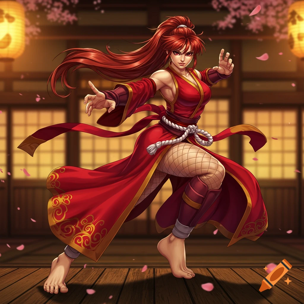 Red-haired woman in a red kimono and fishnet stockings in a martial arts pose in a Japanese indoor setting with cherry blossoms, anime style.
