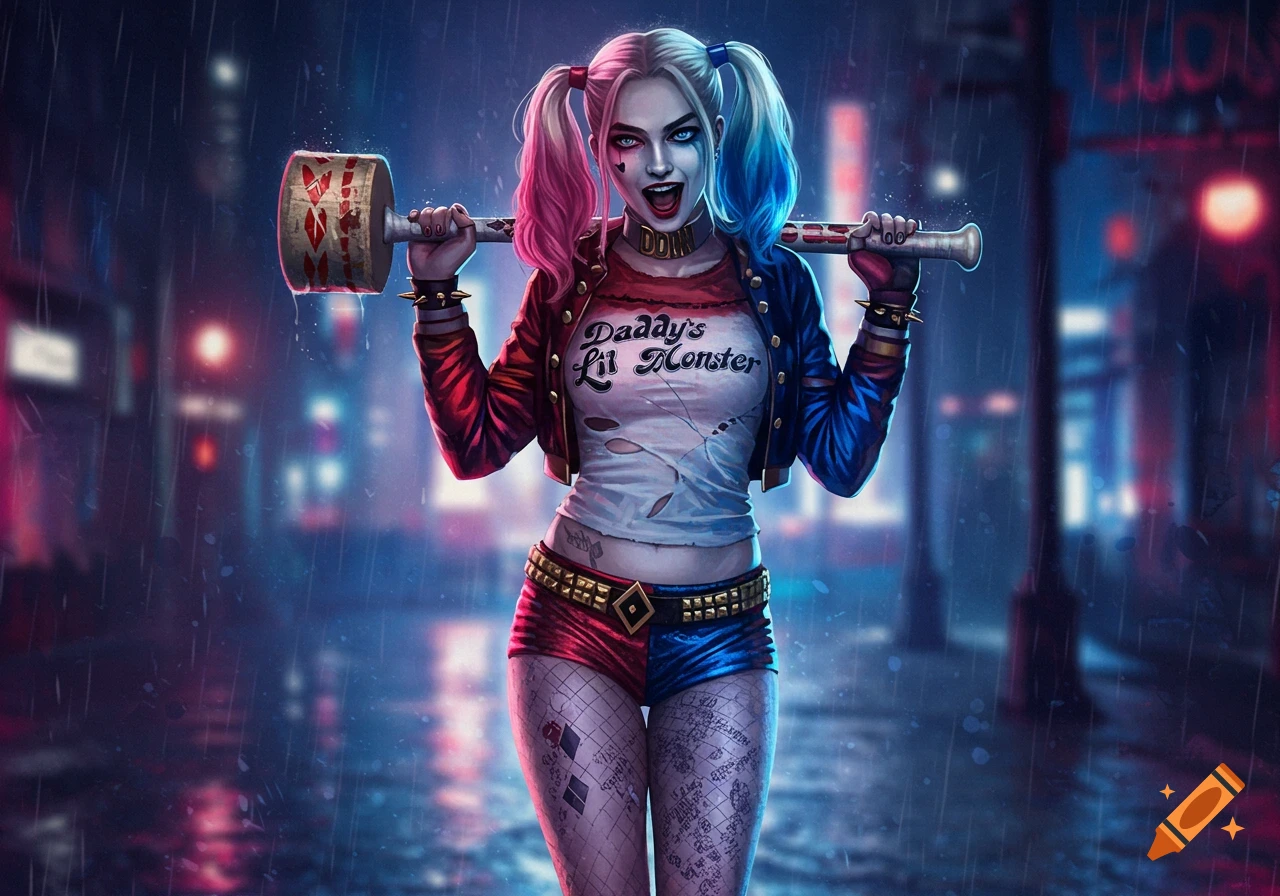Harley Quinn in a torn white shirt and red and blue shorts, holding a large mallet over her shoulders, in a rainy city street at night, digital art style.