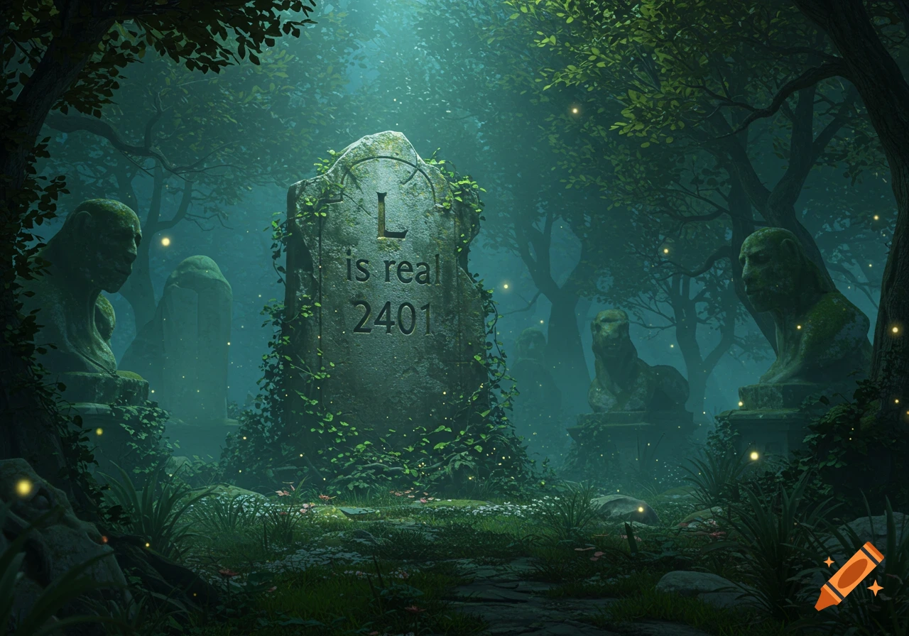 A large, moss-covered tombstone with 'L is real 2401' stands in a mystical, overgrown forest graveyard with ancient statues and glowing fireflies.