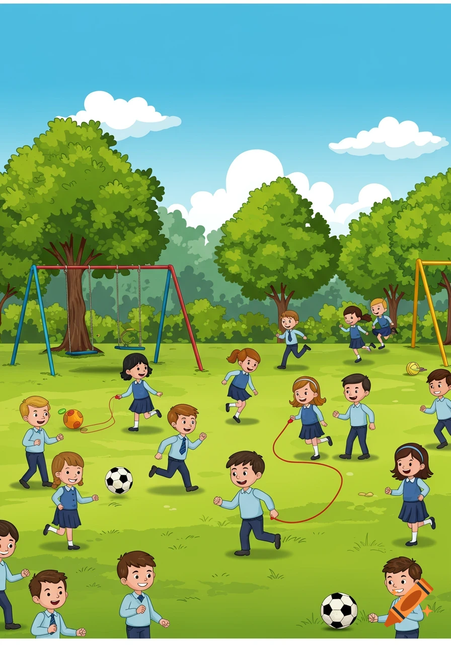 Cartoon school children play soccer, jump rope, and run in a vibrant park with trees and swings.