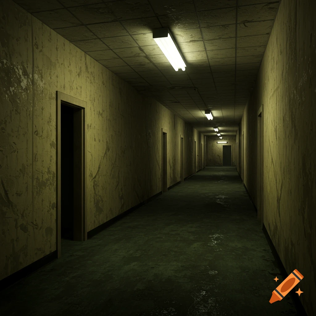 A dim, eerie hallway with dirty yellow walls and a wet, dark green floor, illuminated by fluorescent lights.