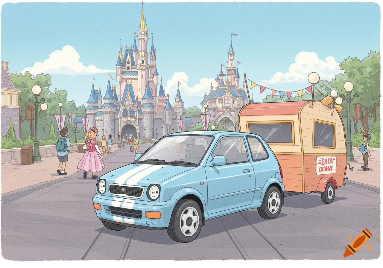 A light blue cartoon car with white stripes tows an orange trailer with a sign near a fantasy castle in a theme park.