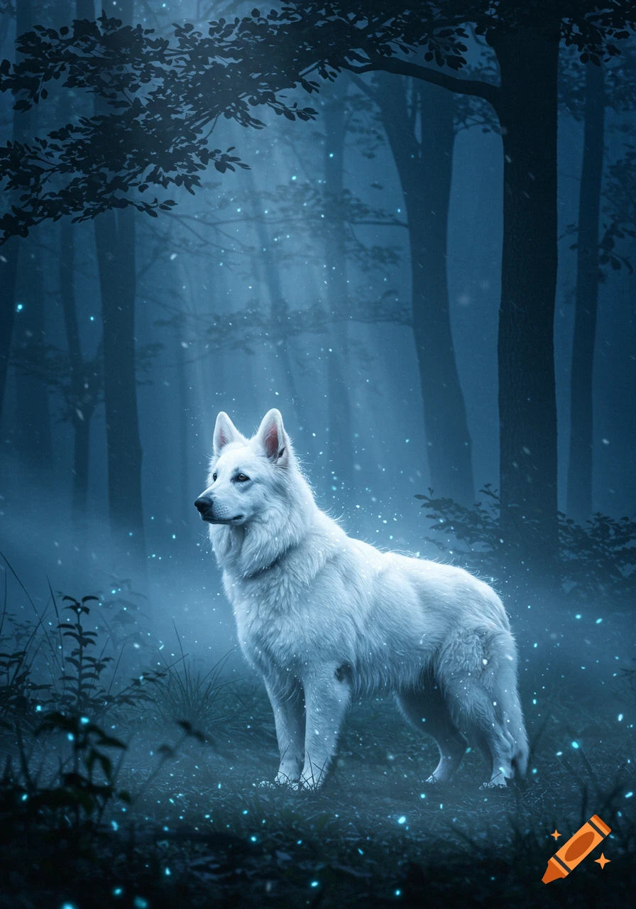 A majestic white wolf stands in a dark, misty forest with glowing blue particles, illuminated by ethereal light.