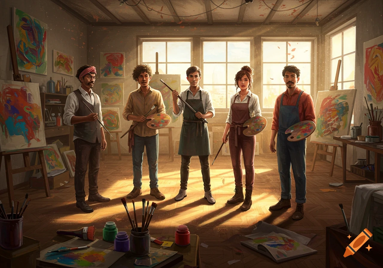 Five diverse artists, three men and two women, stand holding palettes and brushes in a sunlit art studio filled with abstract paintings.