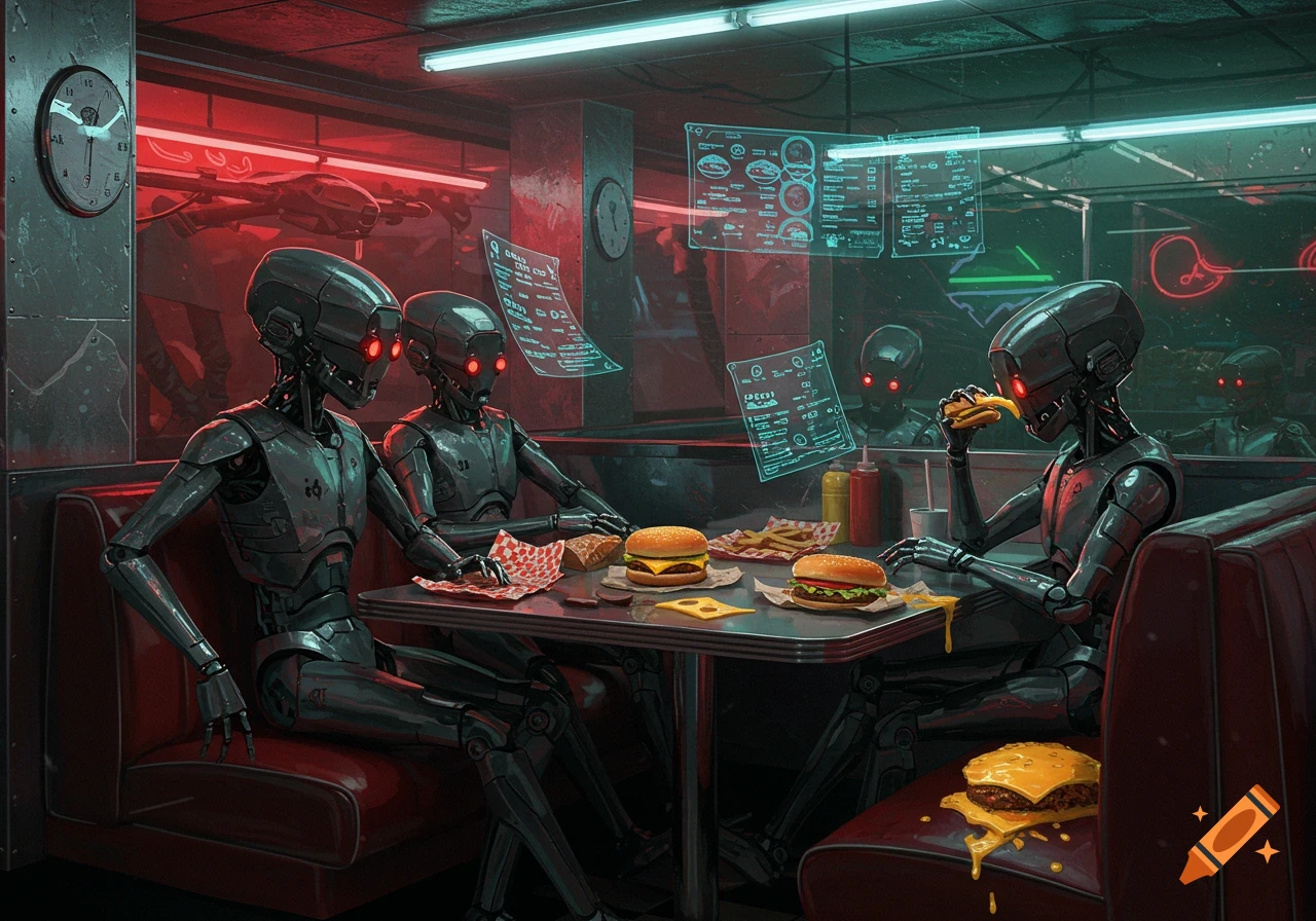Three dark, sleek robots with red eyes eating burgers and fries at a booth in a neon-lit sci-fi diner with holographic menus.