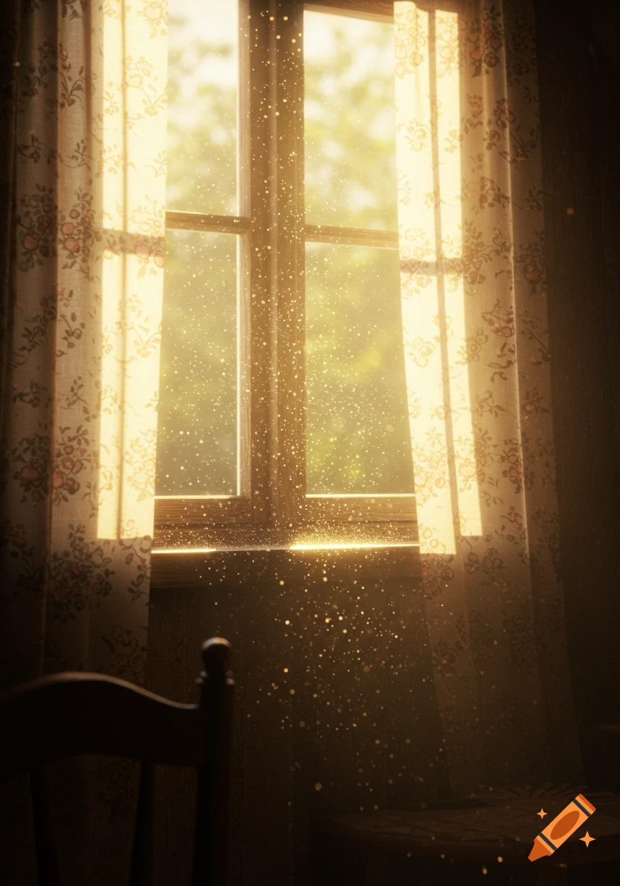Sunlight streams through a window, illuminating dancing dust motes in a cozy room with patterned curtains.