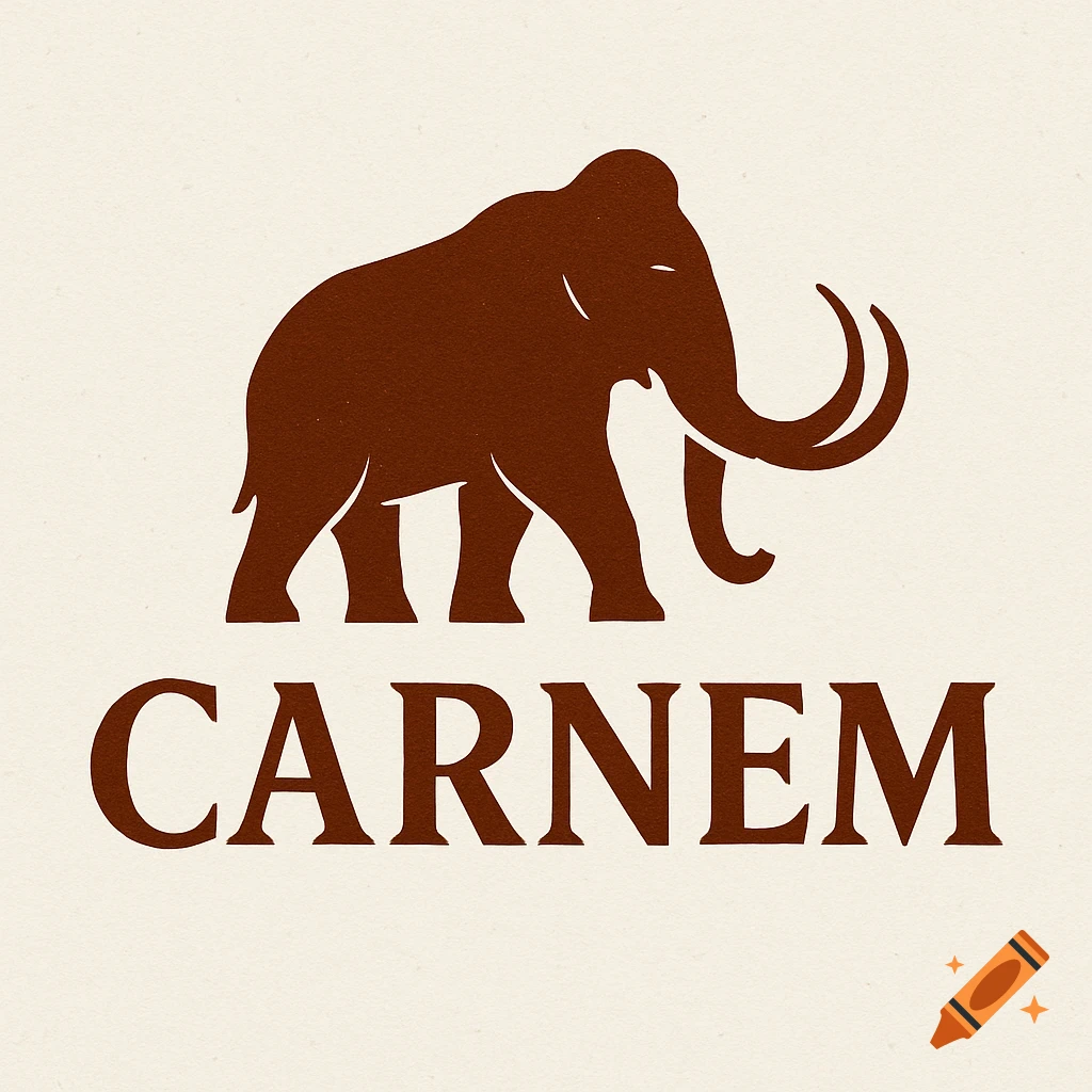 Brown silhouette logo of a mammoth above the word CARNEM on a cream background.