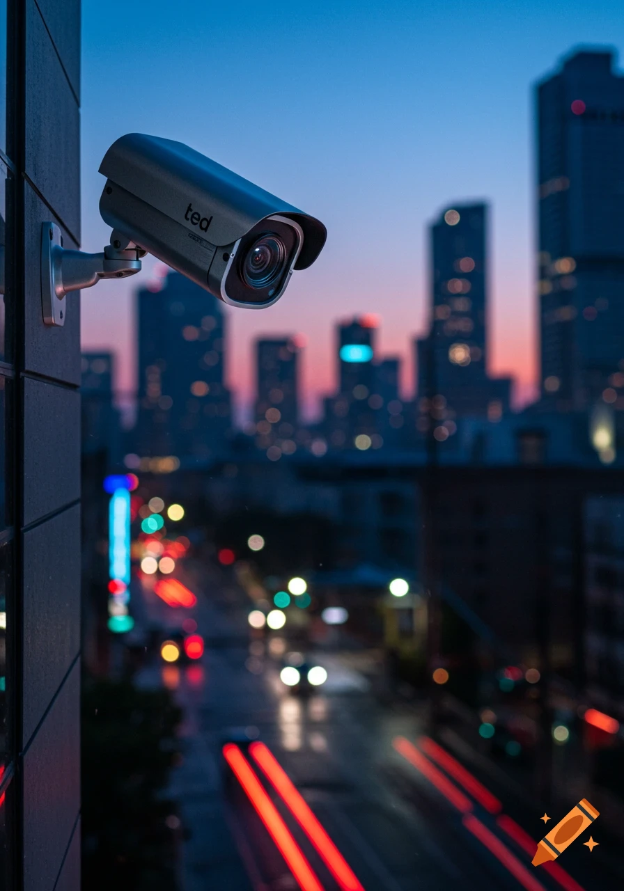 Photorealistic CCTV camera on a building, overlooking a city street with car light trails and a city skyline at dusk.