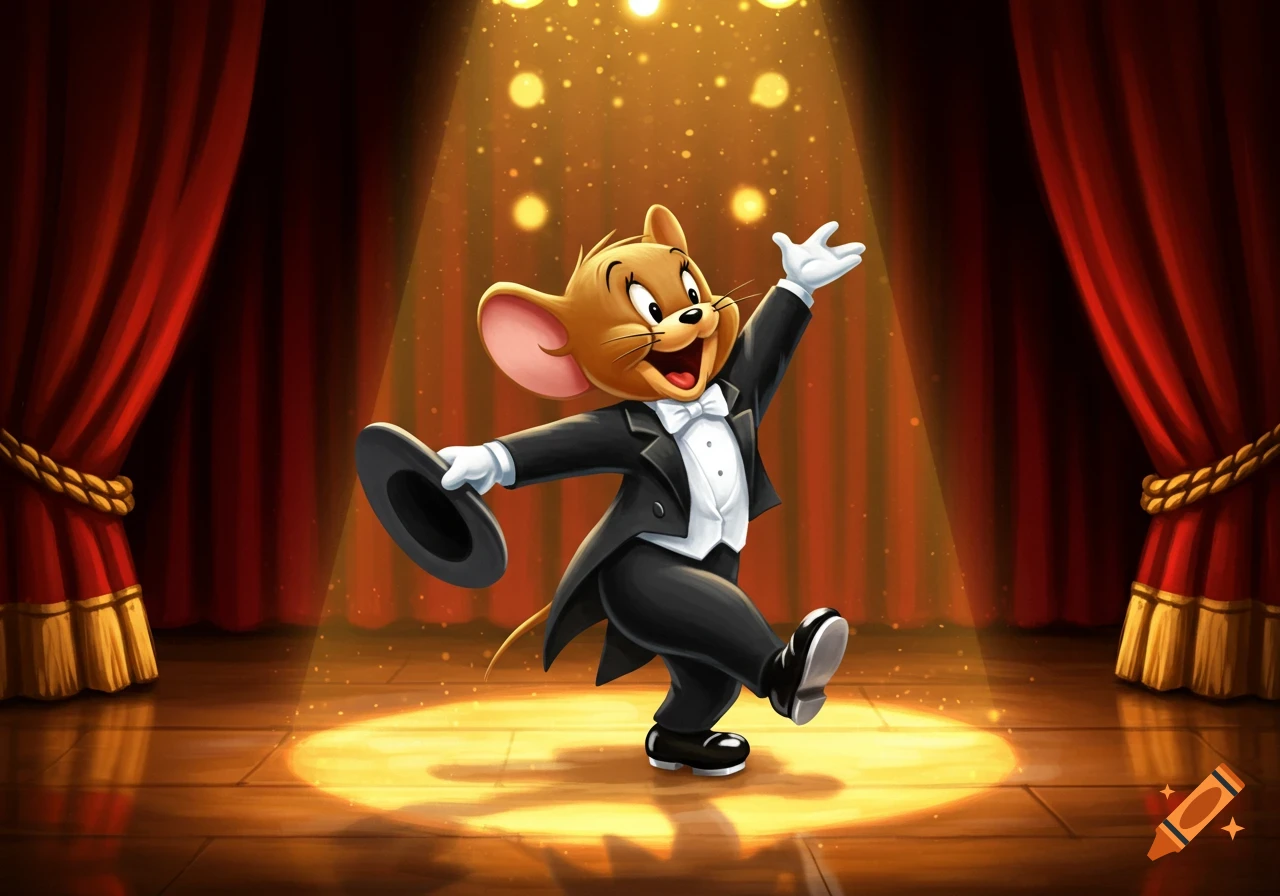 Jerry Mouse tap dancing in a black tuxedo and top hat on a spotlighted stage with red curtains.