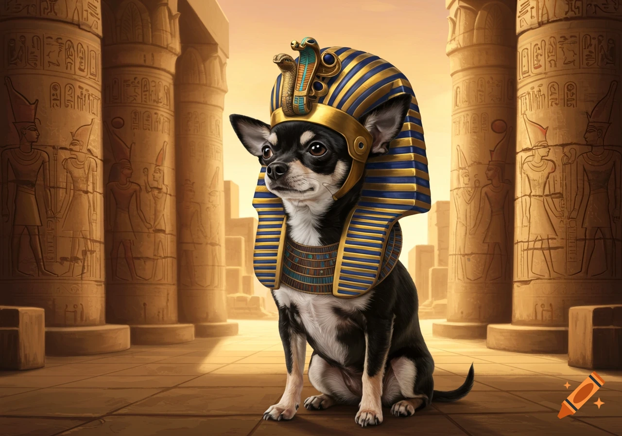 A black and white chihuahua in a blue and gold King Tut headdress sits on a tiled floor in an ancient Egyptian temple.