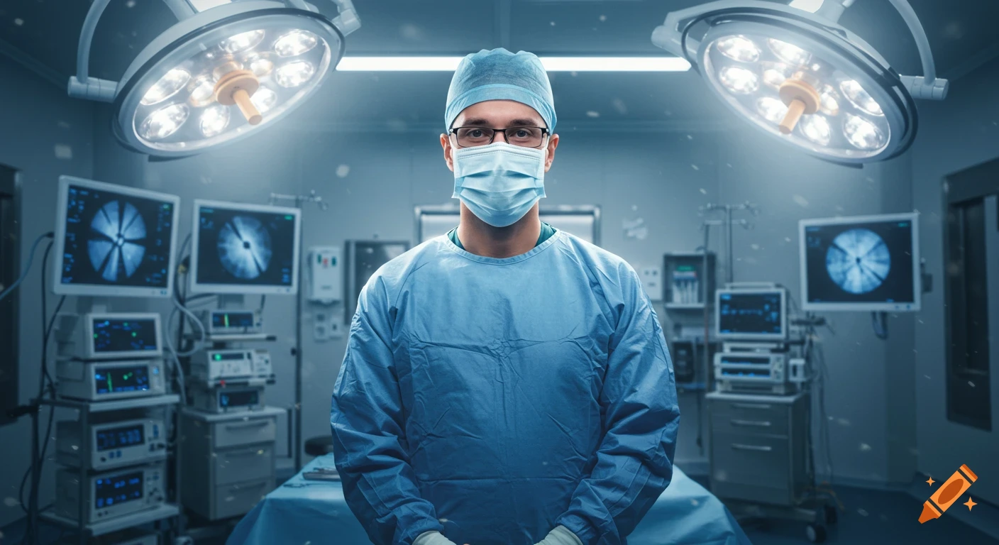 A surgeon in blue scrubs, surgical cap, glasses, and face mask stands in a brightly lit operating room with medical equipment and monitors.
