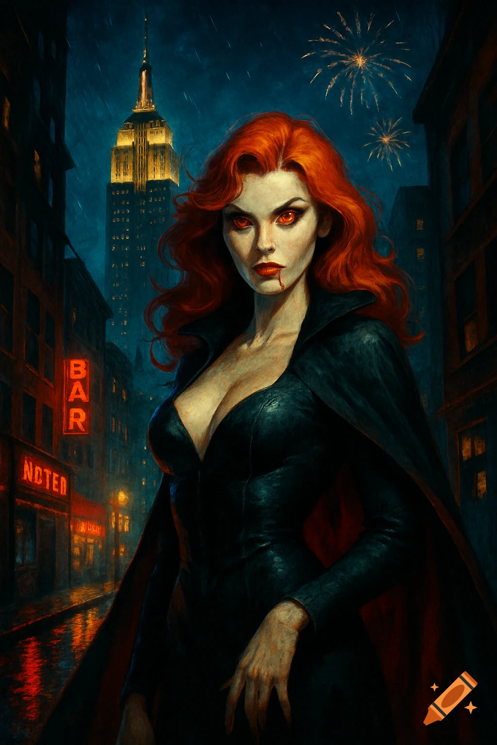 A red-haired vampire woman with glowing red eyes and blood on her lip stands confidently on a rainy New York City street at night, with the Empire State Building and fireworks in the background.