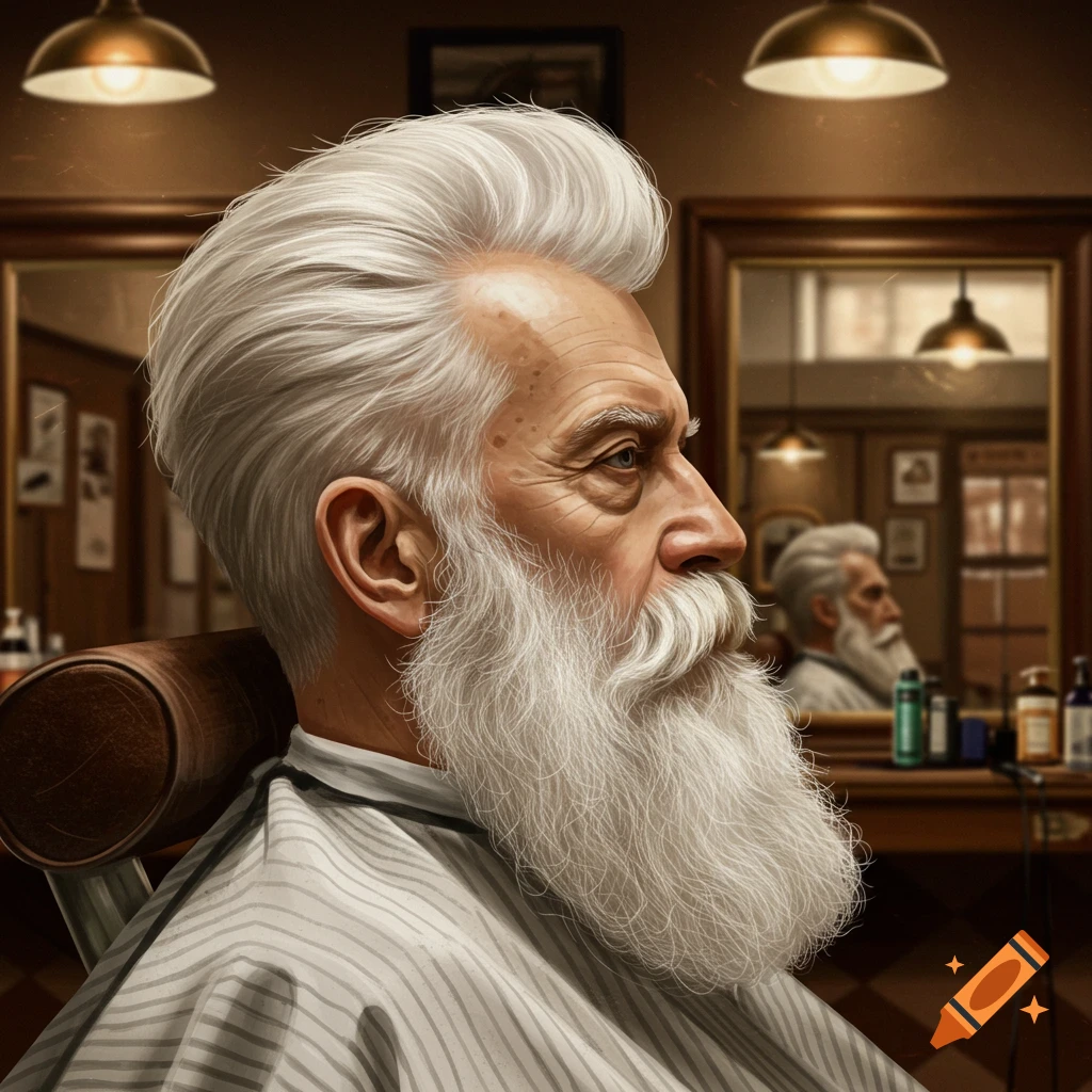 Profile portrait of an elderly man with white hair and a massive white beard in a classic barbershop, reflected in a mirror.