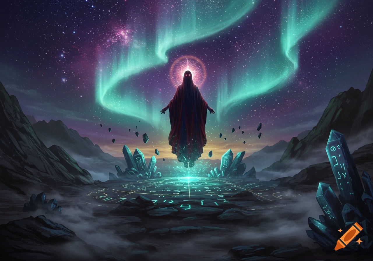 A shadowy, robed figure with glowing red eyes levitates above a glowing runic circle amidst crystals and mountains under an aurora borealis night sky.