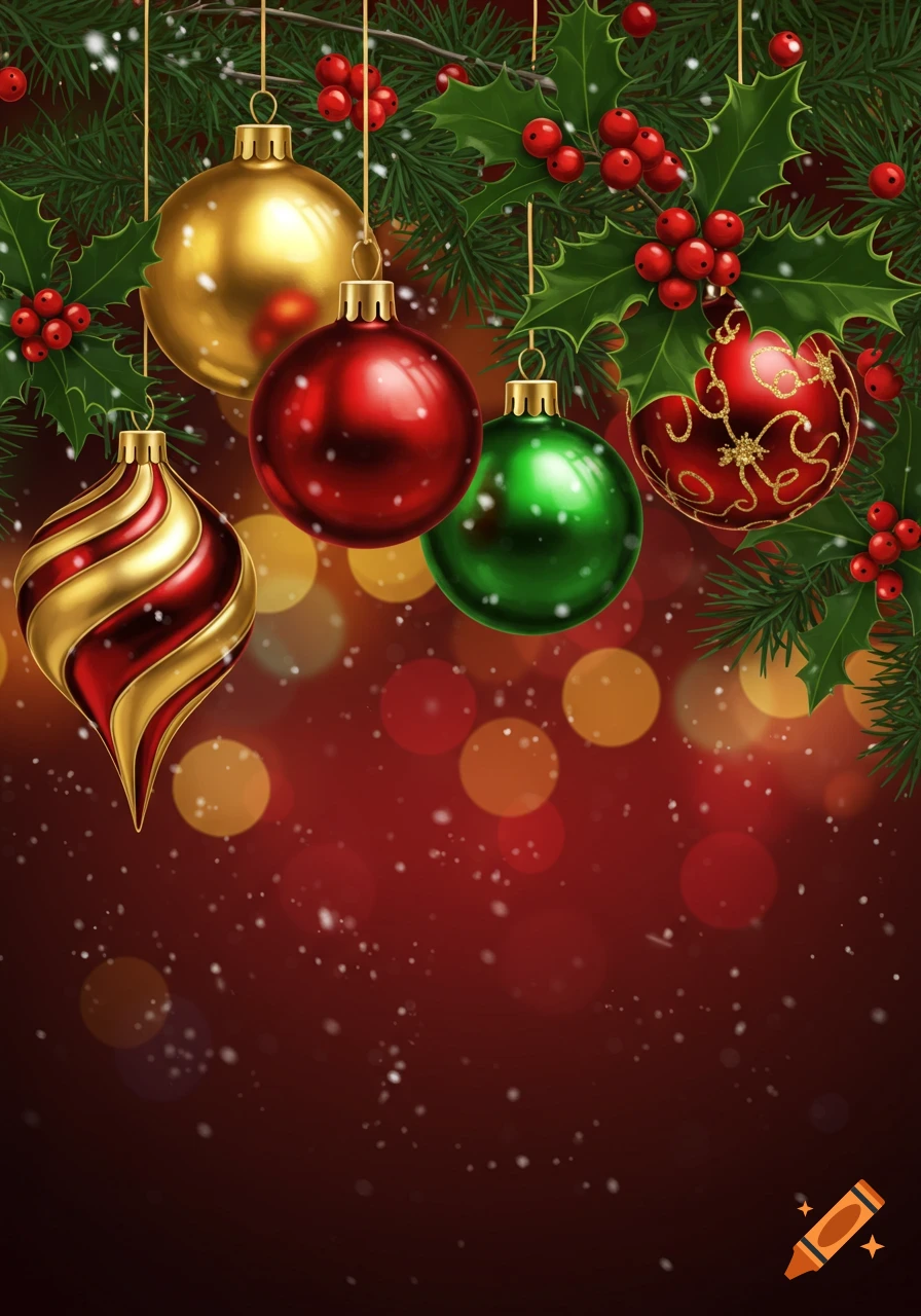 A festive Christmas background with golden, red, and green ornaments, holly, red berries, and snow against a bokeh backdrop.