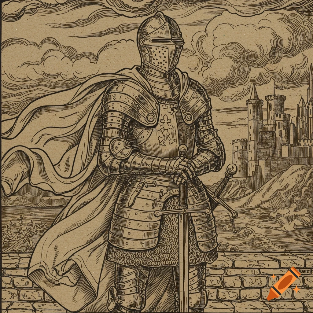 A knight in full plate armor with a flowing cape holds a sword, standing before a distant castle under a cloudy sky, in a woodcut style.