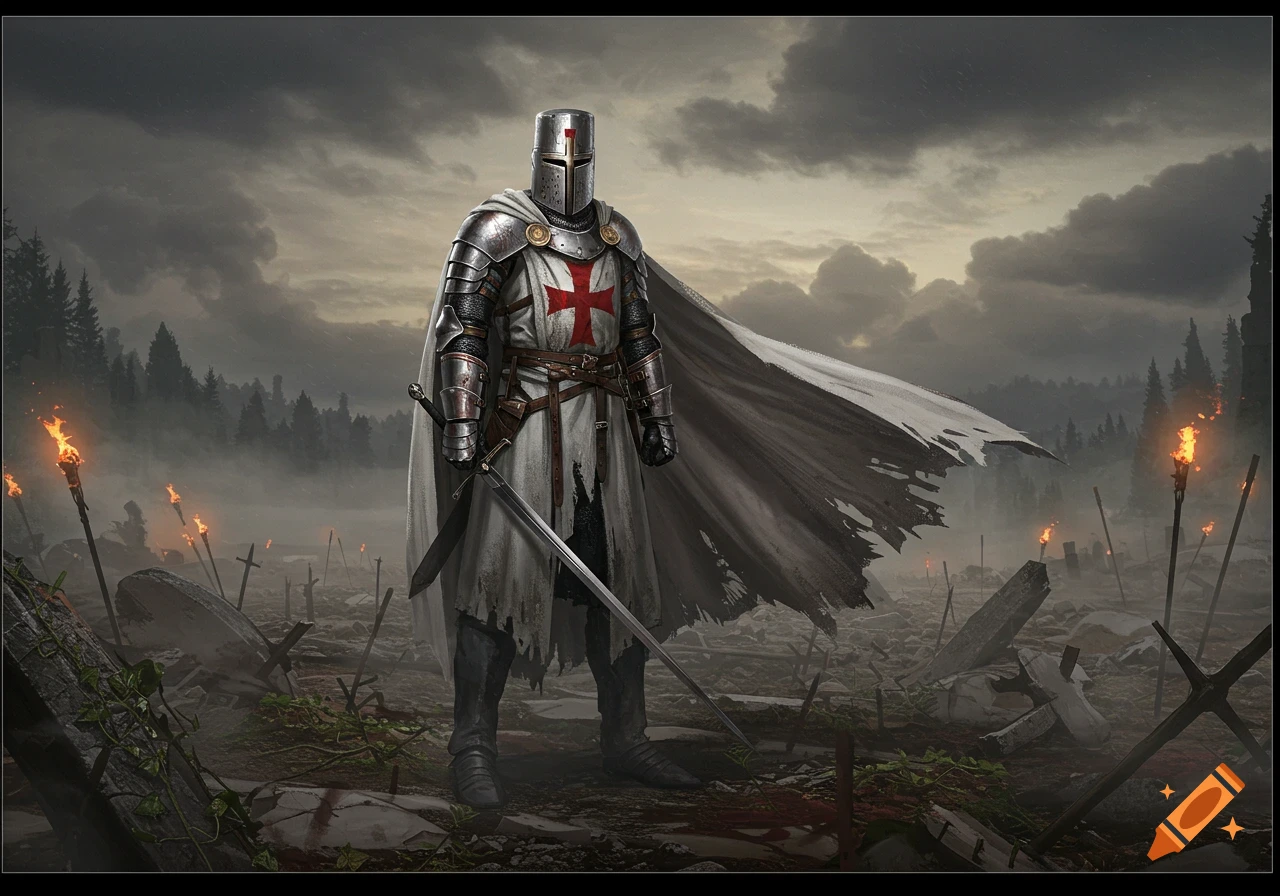 A Templar knight in full armor with a sword stands on a desolate, misty battlefield with torches under a cloudy sky.