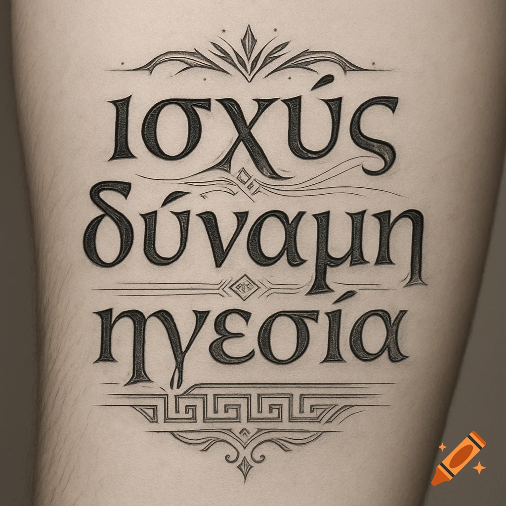 A black tattoo on an arm, featuring three lines of ornate Greek script: "Ισχύς", "δύναμη", "ηγεσία" meaning strength, power, leadership.
