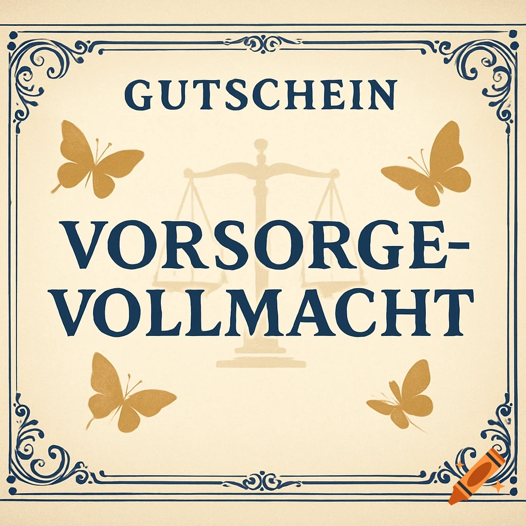 A decorative German gift certificate for a 'Vorsorgevollmacht', featuring butterflies, scales of justice, and an ornate border.
