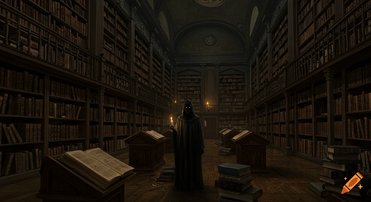A shadowy figure with glowing eyes stands with a candle in a dark, grand library.
