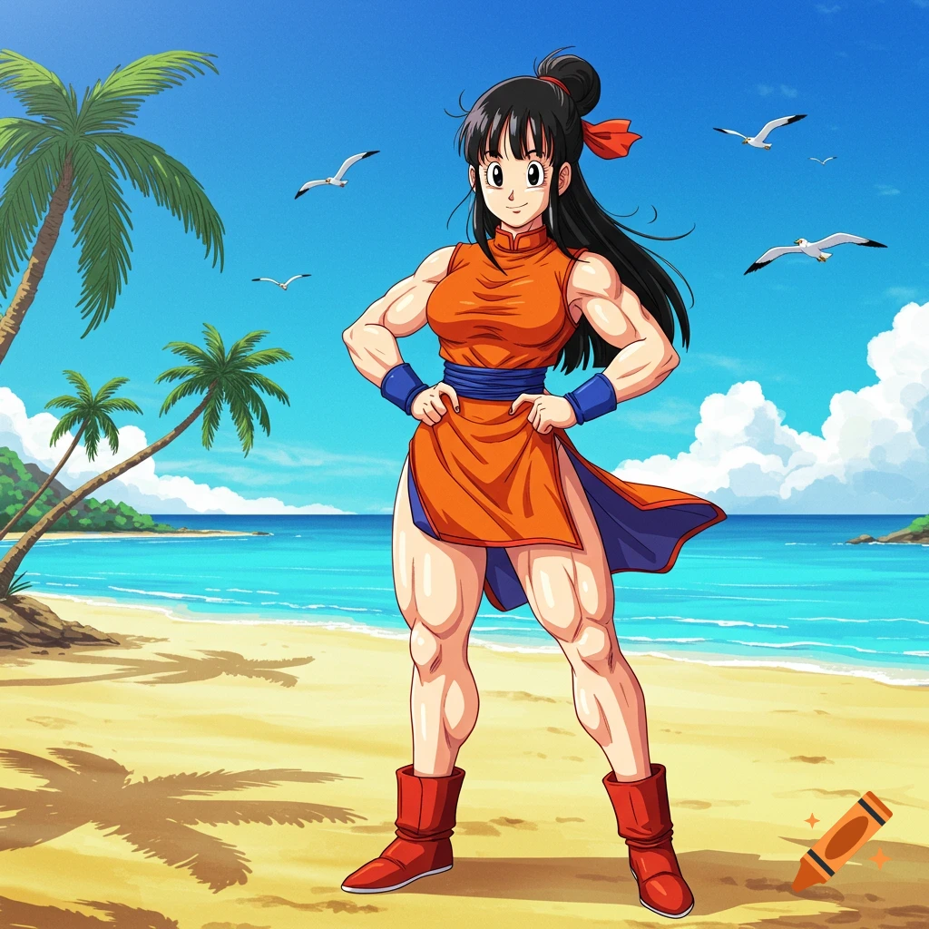 Muscular anime character Chi-Chi from Dragon Ball Z stands on a sunny tropical beach.