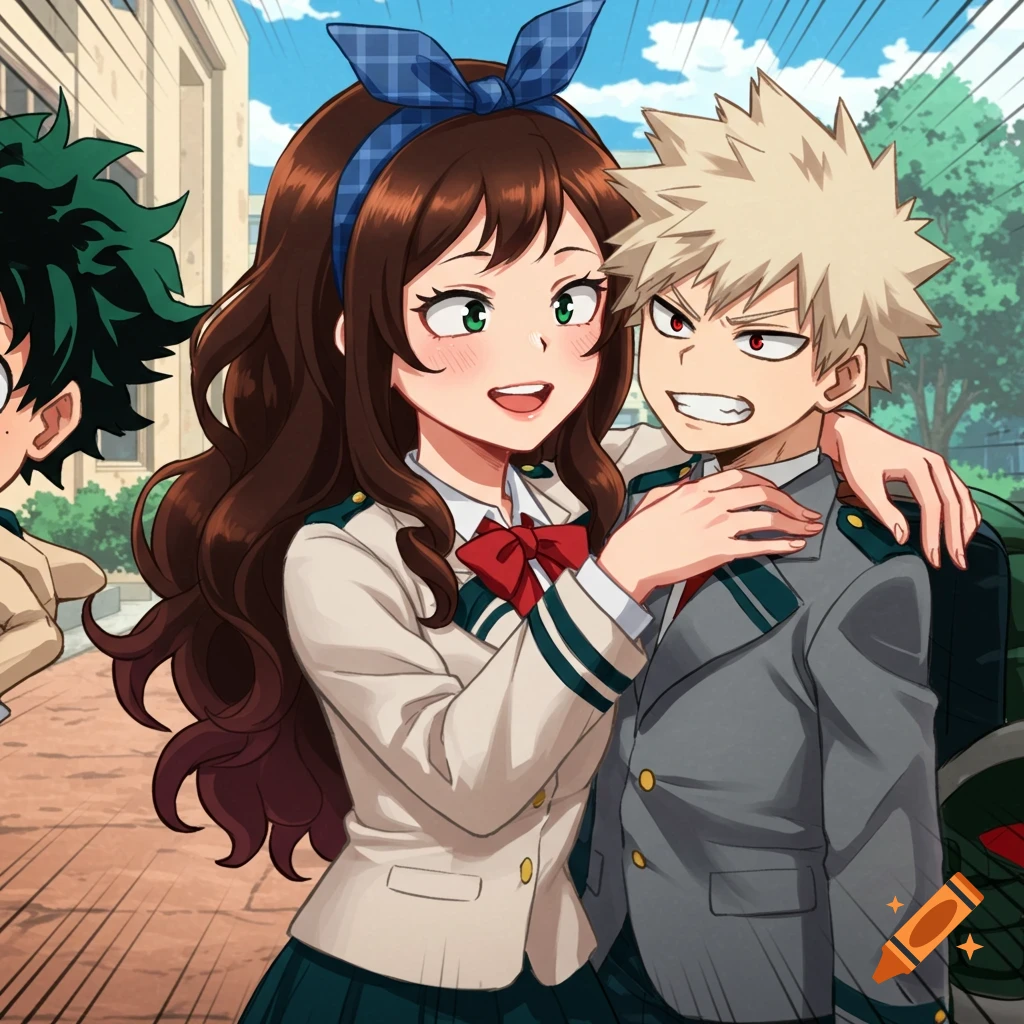 Anime girl with long brown hair, wearing a blue headband, smiling and hugging an annoyed Bakugo, with Deku partially visible, outside a school building.